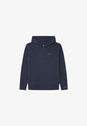 Pull à capuche bleu marine, en mélange de coton, avec des poignets et un ourlet côtelés. Présente un petit logo sur la poitrine et un accent imprimé sur la manche.
