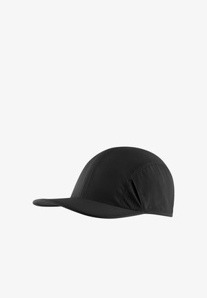 Schwarze Kappe mit einer runden Krone und einem steifen, gebogenen Schirm. Hergestellt aus leichtem Material mit einer glatten Textur und dezenten Nähten.