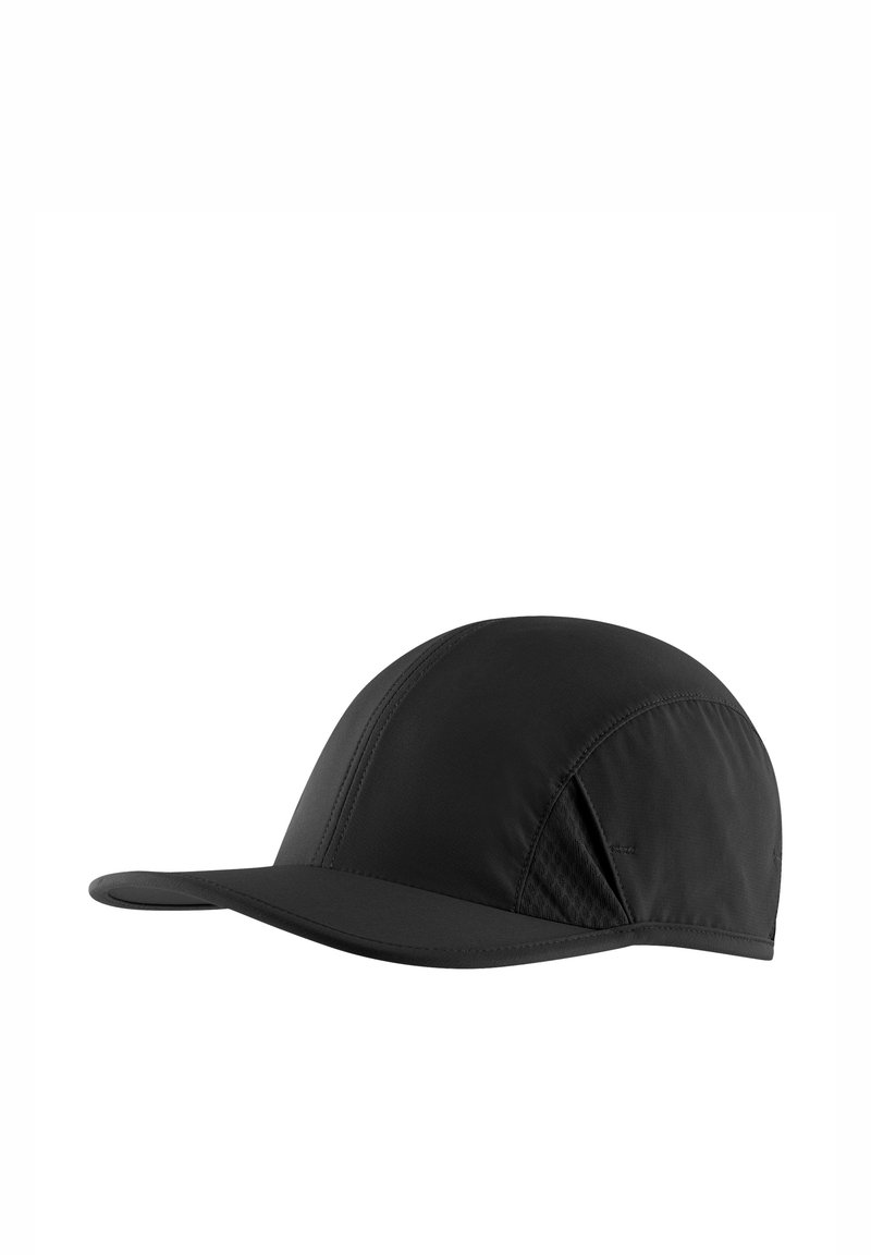 Black cap with a rounded crown and a stiff, curved visor. Made from lightweight material with a smooth texture and discreet stitching.