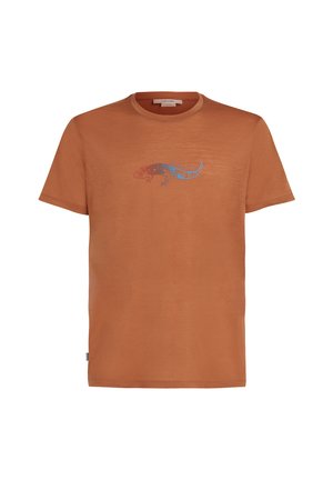 Orange short-sleeve t-shirt featuring a blue and red lizard graphic on the front; made of light fabric with a soft texture.