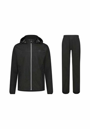 Schwarze Kapuzenjacke mit Frontreißverschluss und passenden schwarzen elastischen Bundhosen, vor weißem Hintergrund gezeigt.