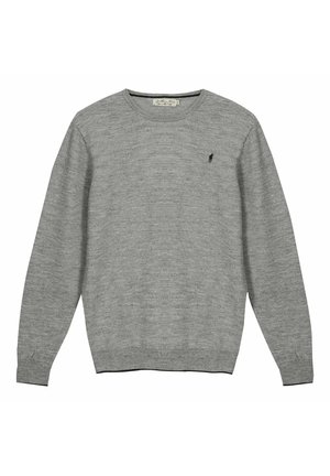 Pull à manches longues gris clair avec col rond et petit logo de cheval noir brodé sur la poitrine gauche.