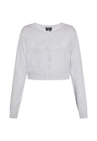 Šedý zkrácený kardigan vyrobený z měkkého materiálu, s dlouhými rukávy, kulatým výstřihem a šesti perlícími knoflíky vpředu.