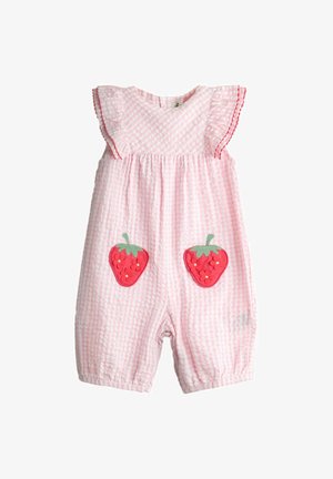 Růžový bavlněný overal se vzorem růžové kostky, s volánkovými rukávy a dvěma vyšívanými jahodovými nášivkami na přední straně. Elastické lemy na koncích nohavic.