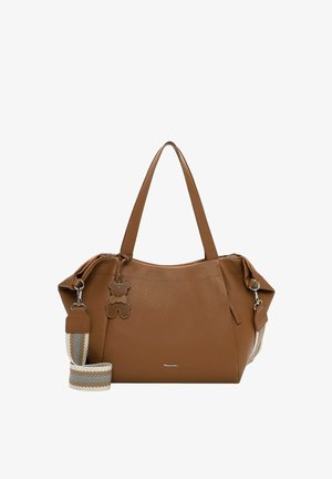 Braune Lederhandtasche mit strukturierter Oberfläche, zwei Griffen, abnehmbarem gestreiftem Stoff-Schulterriemen und Teddybär-Anhänger.