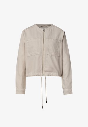 Veste courte beige à manches longues, fermeture éclair à l'avant, deux poches poitrine, col rond et cordons réglables à l'ourlet.