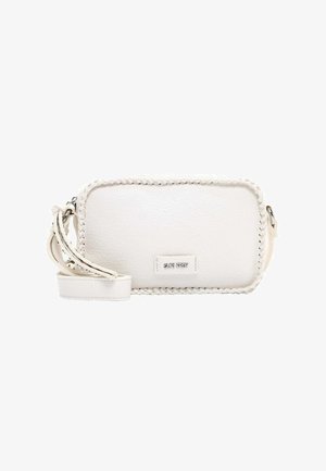 White leather crossbody bag with braided trim, rectangular shape, detachable strap, and a silver logo plate on the front.
