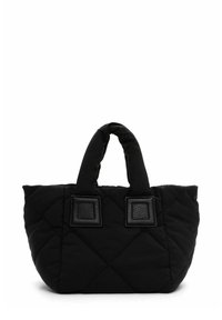 Borsa a spalla nera trapuntata con manici in tessuto doppi e dettagli in pelle quadrata. Tessuto morbido e forma arrotondata con motivo a rombi.