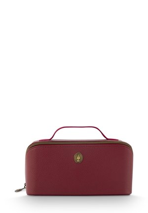 Rectangular red leather cosmetic bag with a textured finish, gold-tone hardware, zip closure, and a top handle for easy carrying.