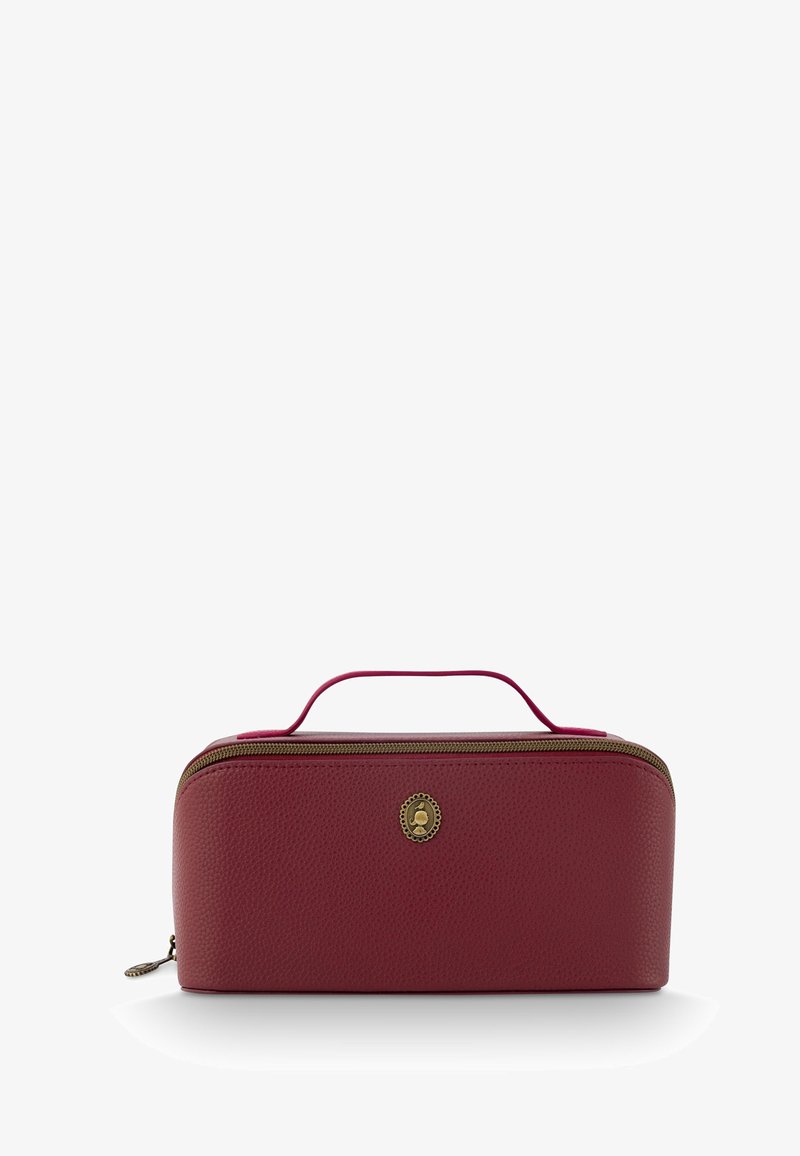 Rectangular red leather cosmetic bag with a textured finish, gold-tone hardware, zip closure, and a top handle for easy carrying.