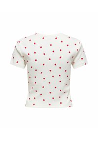 T-shirt court blanc à manches courtes avec un motif dispersé de fraises rouges.