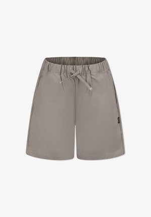 Pantaloni corti grigi realizzati in materiale leggero con vita elastica, chiusura con lacci e tasche laterali. Texture liscia e design semplice.