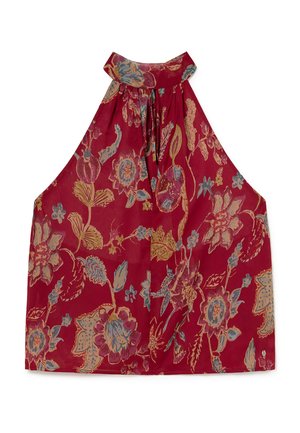 Haut rouge sans manches à col nageur avec un motif floral bleu, beige et rose et un col froncé.