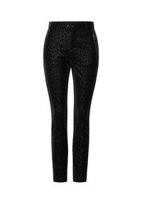 Pantalons noirs à motif léopard, coupe slim, avec une texture lisse, poches zippées et une finition douce, dotés d'une fermeture à bouton à la taille.
