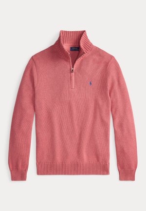 Pullover rosa de malha com colarinho de meia zip, punhos e bainha canelados, e pequeno logótipo bordado em azul da Polo Ralph Lauren no peito.