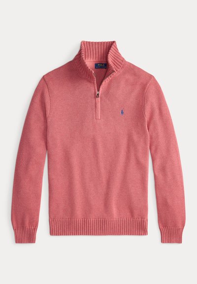 Pullover rosa de malha com colarinho de meia zip, punhos e bainha canelados, e pequeno logótipo bordado em azul da Polo Ralph Lauren no peito.