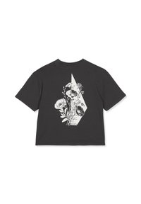 Czarna, krótkie t-shirt z bawełny, z białą grafiką kwiatową i wzorem w kształcie diamentu na plecach. Krótkie rękawy i okrągły dekolt.