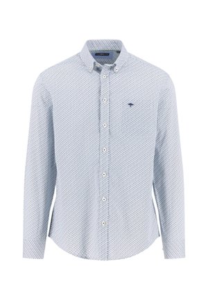 Lichtblauw overhemd met lange mouwen, voorzien van een geometrisch patroon, knoopsluitbare kraag en een klein marineblauw logo op de borst. Gemaakt van een katoenmengsel.