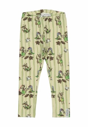 Børns lysegrønne leggings med lodrette striber, dekoreret med tegneserie-katte, kyllinger, blade og en etiket med teksten "Geggamoja Pettson & Findus."