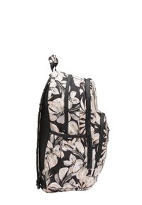 Black backpack with a floral pattern featuring large light-colored flowers. It has two front pockets and padded shoulder straps.