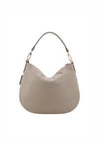 Sac hobo en cuir beige avec une forme arrondie et une seule poignée supérieure. Présente des éléments en métal doré et une surface texturée.