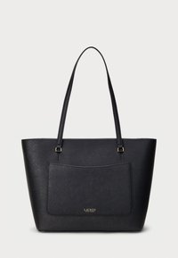 Schwarze Leder-Tote-Tasche mit glatter Textur, doppelten Tragegriffen und einer Außentasche, die ein dezentes Logo am Boden zeigt.