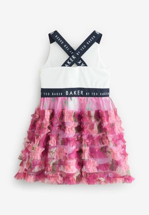 White dress with a layered pink ruffled skirt. Features navy cross-back straps with "BAKER by TED BAKER" branding on the waistband.