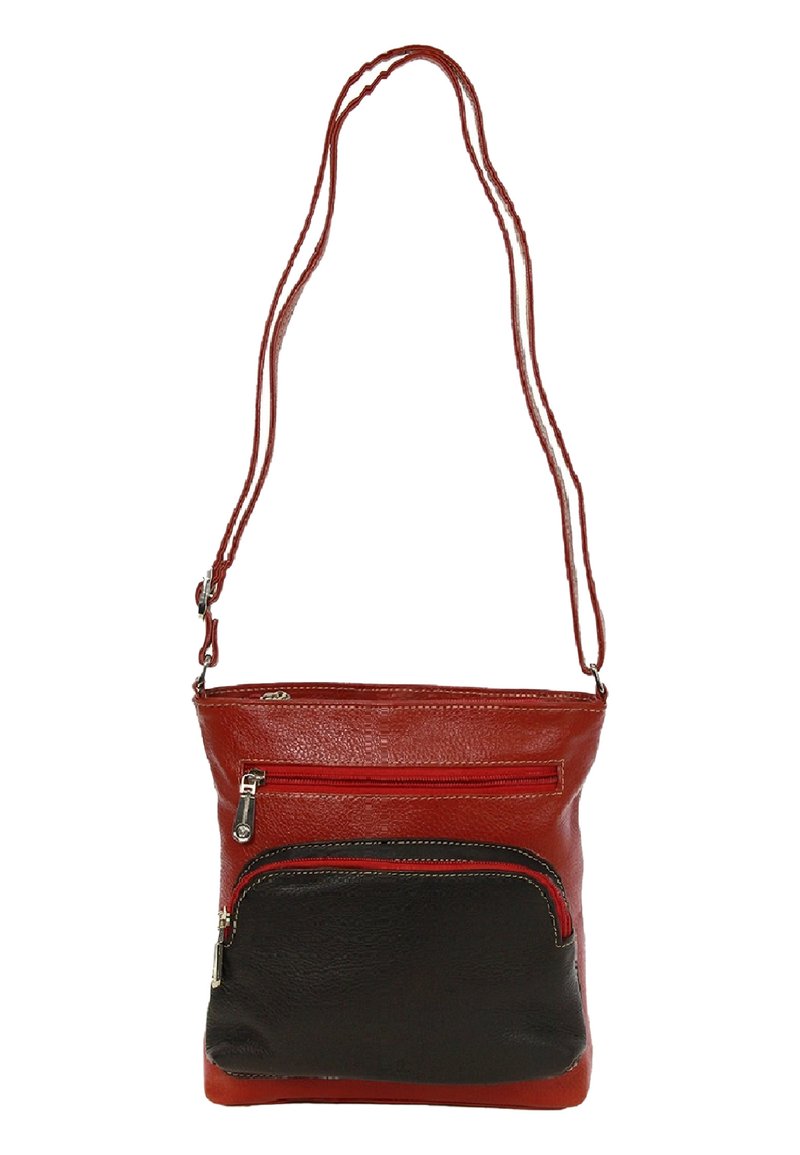 Rood en zwart leren schoudertas met een gestructureerd oppervlak, voorzien van twee ritscompartimenten en een lange verstelbare schouderband.