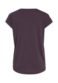 T-shirt uni violet foncé à manches courtes, vu de dos avec un ourlet arrondi et des manches légèrement retroussées.
