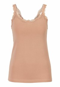 Nude tanktop van zacht, ribbelig stof. Heeft een delicate kantafwerking langs de halslijn en schouderbanden. Slim fit ontwerp.
