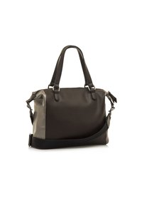 Bolso de mano de cuero negro con una textura suave y acentos en gris que contrastan. Presenta asas dobles y una correa de hombro desmontable.