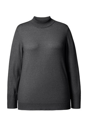 Tmavě šedý pletený svetr s dlouhým rukávem a rolákem, s žebrovanými manžetami a lemem, umístěný na bílém pozadí.