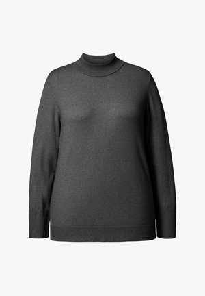 Ciemnoszary, długorękawowy sweter dzianinowy z golfem, z prążkowanymi mankietami i dołem, eksponowany na białym tle.