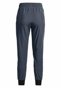 Dark gray athletic pants with elastic waistband and black ankle cuffs, shown from the back.