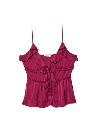 Fuchsia ärmlös topp med volangdetaljer, samlad midja och justerbart knytband fram, tillverkad av lättviktig tyg.