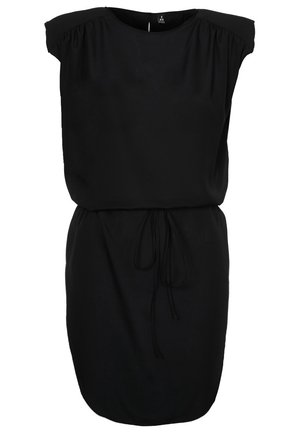 Robe noire en tissu doux, dotée de manches courtes, d'un décolleté rond et d'un cordon de serrage à la taille pour un ajustement réglable. Texture lisse.