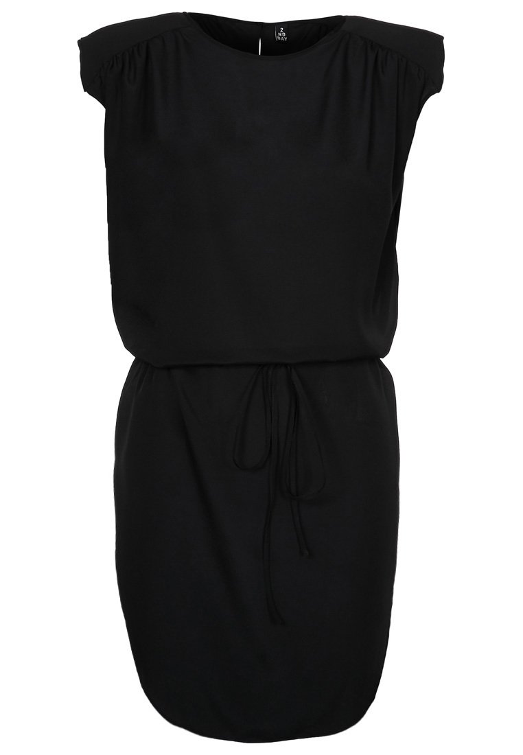 Robe noire en tissu doux, dotée de manches courtes, d'un décolleté rond et d'un cordon de serrage à la taille pour un ajustement réglable. Texture lisse.