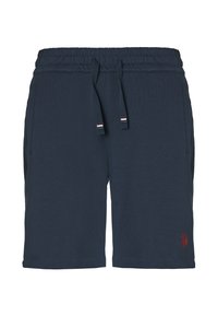 Pantaloni corti blu navy realizzati in tessuto morbido, con vita elastica e cordino, tasche laterali e un piccolo dettaglio con logo rosso.