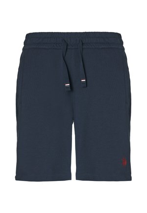 Pantaloni corti blu navy realizzati in tessuto morbido, con vita elastica e cordino, tasche laterali e un piccolo dettaglio con logo rosso.
