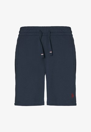 Pantaloni corti blu navy realizzati in tessuto morbido, con vita elastica e cordino, tasche laterali e un piccolo dettaglio con logo rosso.