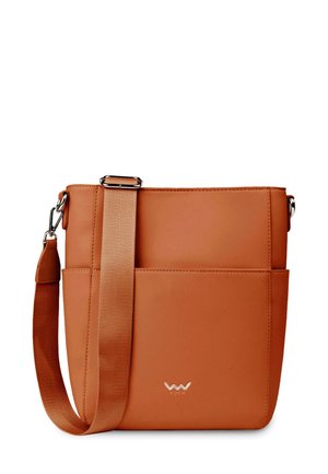 Tan leather shoulder bag with a smooth finish, featuring a front pocket, adjustable strap, and gold hardware accents. Simple design.