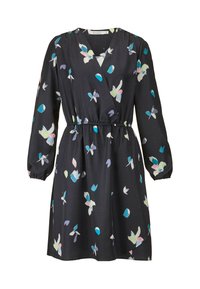 Schwarzes Kleid mit Wickeldesign, das eine geraffte Taille und lange Ärmel aufweist. Verziert mit bunten Blumenmustern in Blau, Grün und Pink.