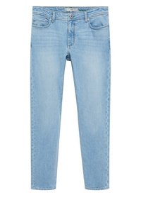 Light blue denim jeans with a mid-rise waist, slim fit, five pockets, and zipper fly. Slightly faded texture with contrasting stitching.