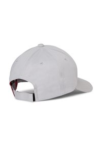 Gorra de béisbol de color gris claro con visera curva, cierre de correa de tela y orificios de ventilación en la corona. El interior presenta un forro rojo en contraste.