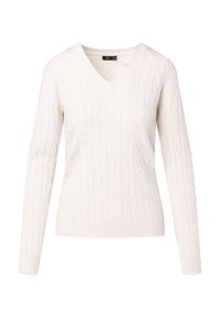 Maglione a collo a V in maglia cable color crema, con maniche lunghe e polsini e orlo a costine.