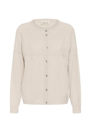Cremfarbene Strickjacke mit langen Ärmeln, runder Ausschnitt, dezentem Strukturmuster auf der oberen Brust und vorderen Metallknöpfen.