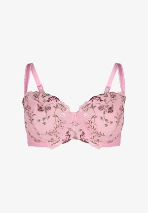 Rožinė nėriniuotė liemenėlė su išskirtiniais gėlių siuvinėjimais bordo ir žaliu atspalviais, su reguliuojamomis juostelėmis ir bangomis krašteliais aplink puodelius.