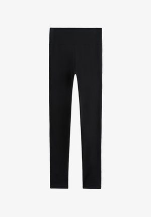 Schwarze Leggings aus dehnbarem, glattem Material mit einem breiten Bund, die ein elegantes, figurbetontes Design aufweisen und keine sichtbaren Muster oder Logos haben.