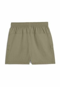 Khaaki cargo kratke hlače s elastičnim pojasom, dva bočna džepa i glatkim, laganim materijalom. Jednostavan dizajn bez uzoraka.