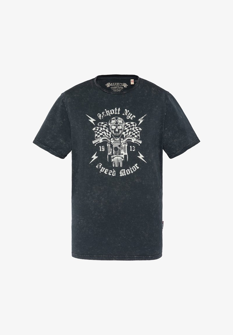 Μαύρη, ξεθωριασμένη βαμβακερή μπλούζα τύπου t-shirt με στρογγυλή λαιμόκοψη, που φέρει μια άσπρη γραφική απεικόνιση ενός σκελετού πάνω σε μοτοσικλέτα, πλαισιωμένη από καρό σημαίες και κεραυνούς.